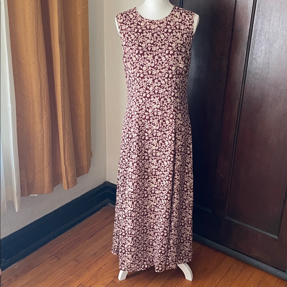 Vintage 90s David Warren Maxi Dress Burgundy Cream Floral Open Back Size 10